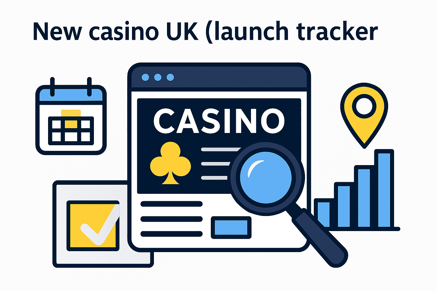 Infographic showing a UK new casino launch tracker with calendar, magnifying glass, and progress indicators